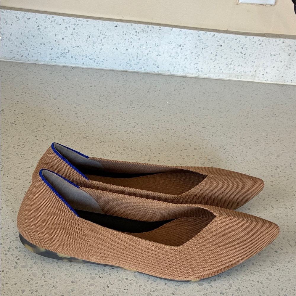 Rothy's Tan Pointed Flats with Blue Trim - Picture 2 of 8